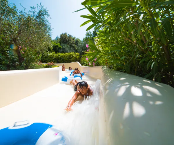 Kids sliding down a water slide surrounded by lush greenery on a sunny day.