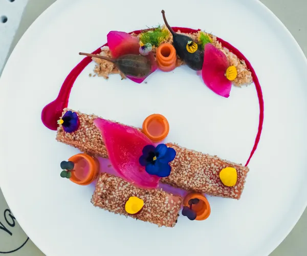 Elegant plated dish with vibrant garnish and colorful presentation.